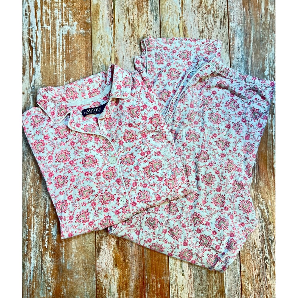Lauren Ralph Lauren Women Pajama Set Medium Red Pink Floral Paisley Cotton Blend